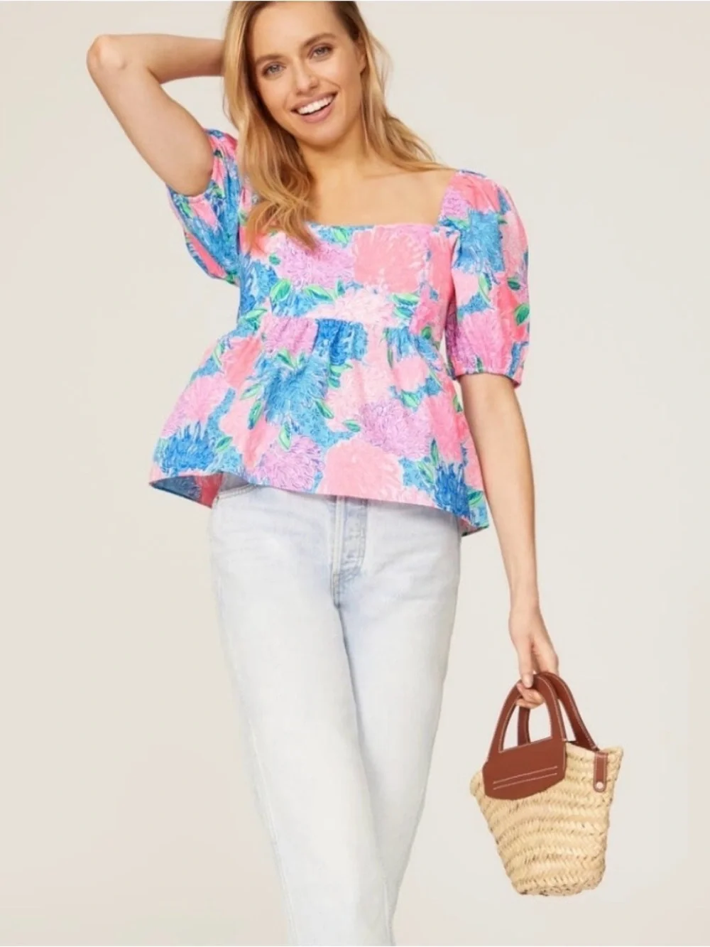 Lilly Pulitzer Kay Baby Doll Pink Floral Square-Neck Peplum Top size 12
